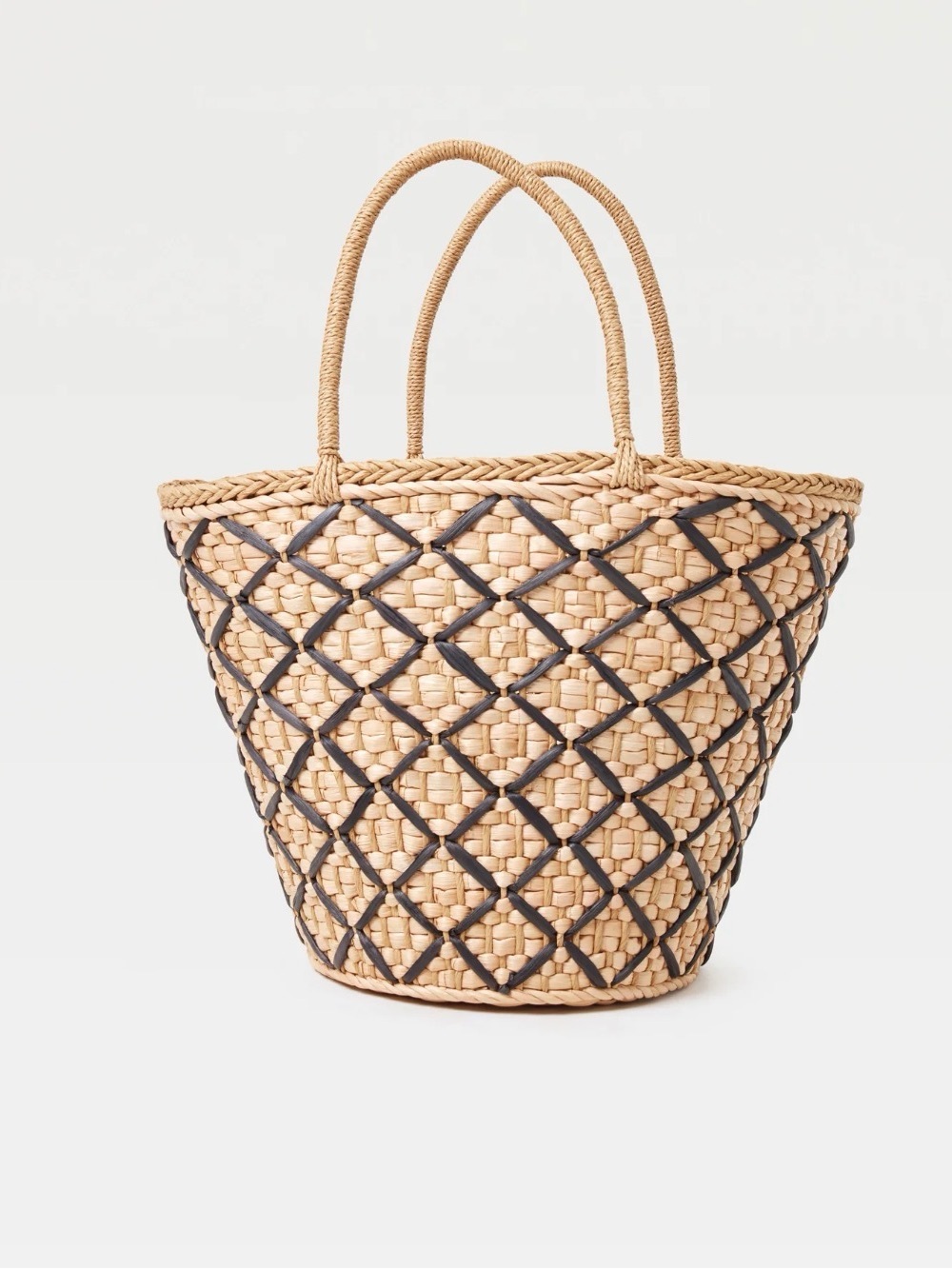 🔘l*space “Palma Nights” Tan Woven Tote with Black Lattice Overlay